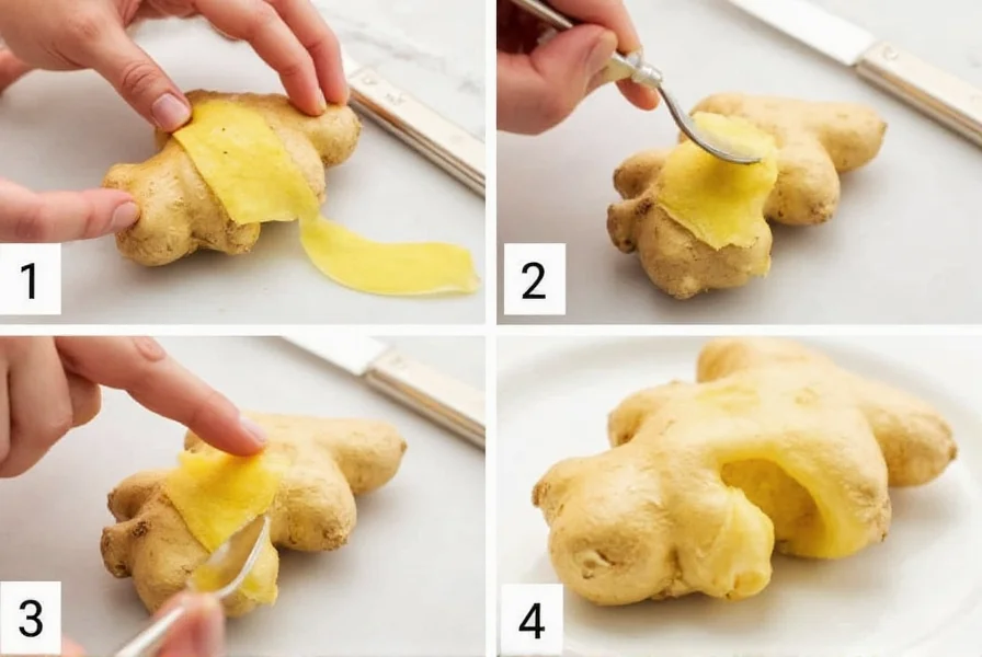Fresh ginger root with spoon peeling technique showing proper skin removal without wasting flesh