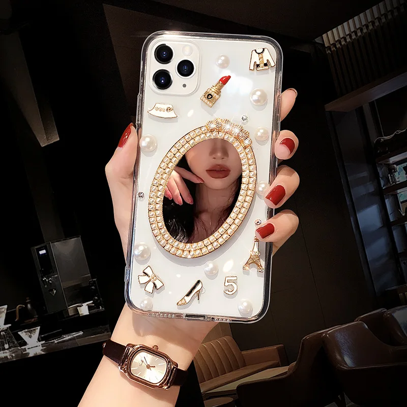 

Pearl Rhinestones Girls Women Ladies TPU transparent Phone Case for iPhone 13 Phone Case Mirror, Colors optional