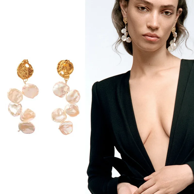 

2021 New Trendy Natural Baroque Irregular Pearl Drop Earrings For Women Exaggerated Statement Earings Gold Filled Party Jewelry