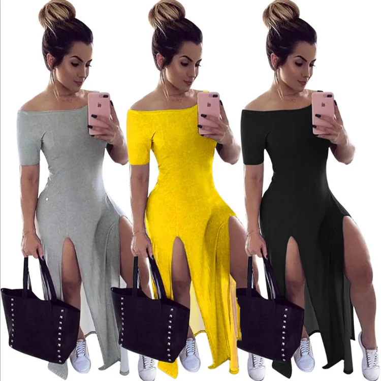 

Gradient Contrast Color Casual Summer Split Off Shoulder Short Sleeve Bodycon Dress Women, Colorful