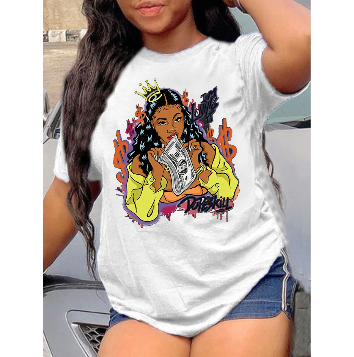 

Cheap Wholesale Us Size Summer Casual Plus Size T Shirt Fashion Girl Graphic Printed Round Neck Short Sleeve T Shirt Women, Picture color