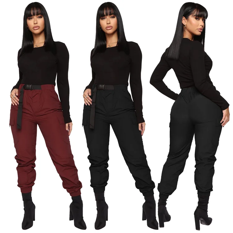 

*GC-T088 2022 new arrivals hot selling solid color Wholesale Bestsale Latest Design casual belt High Waist Women Pencil Pants, Burgundy, black