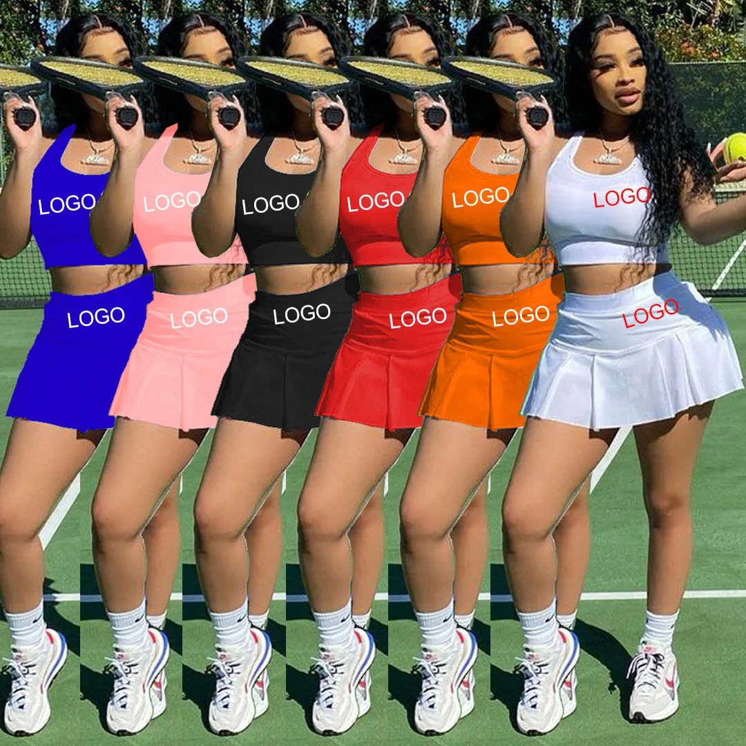 

Custom Logo Pleated Women Skirt Summer 2 Piece Sets Ladies Crop Top And Outfit Short Skirt Set