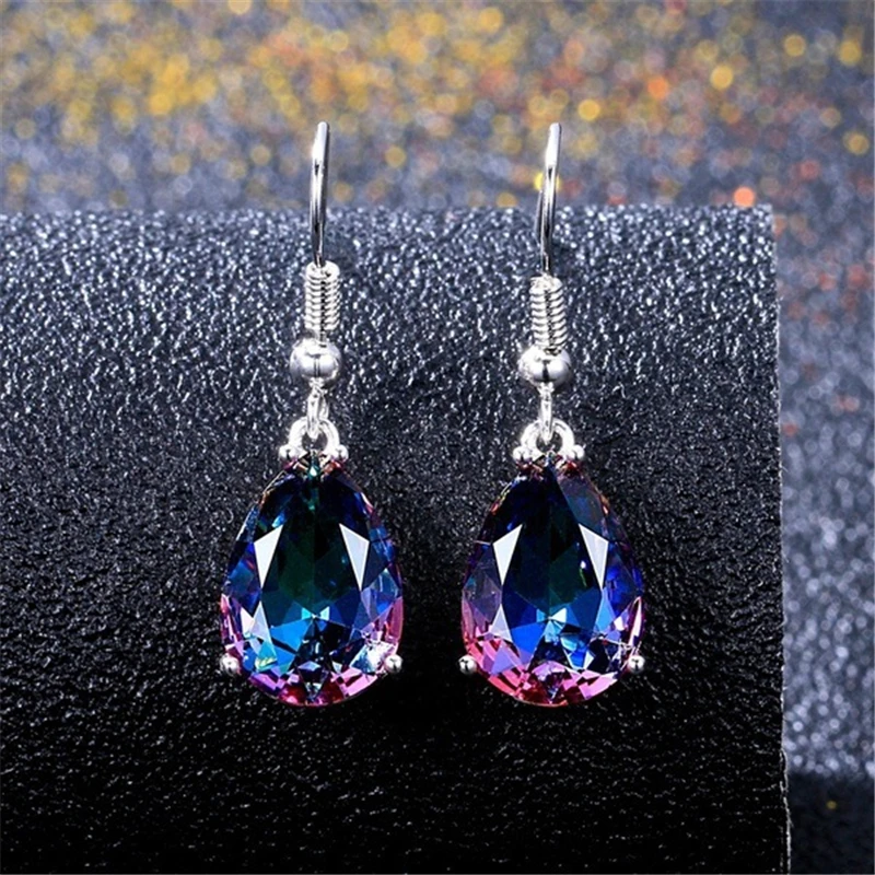 

Dropshipping 925 Silver Plated Purple Dichroic Drop Dangle Earrings Stone Sparkly Pendants Teardrop Pear Shaped Drop Dangle