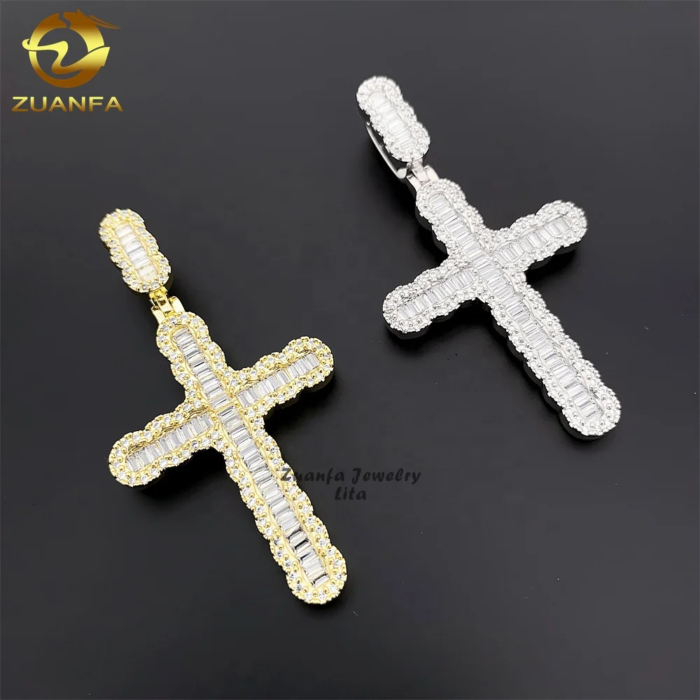 

Nice jewelry popular fashion baguette diamond hip hop 925 silver cross charm iced out moissanite pendant
