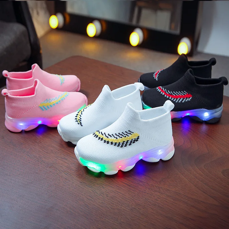 

OEM&ODM LED light Knitted Boys Sneakers Cartoon Pattern Sneaker Student Shoes 2021, Yellow/black/orange /black