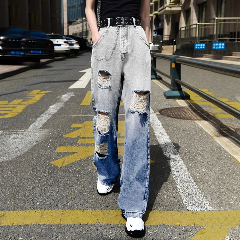 

OEM service loose straight wide leg women ripped jeans grey and black, white and blue gradient high waist beggar pants