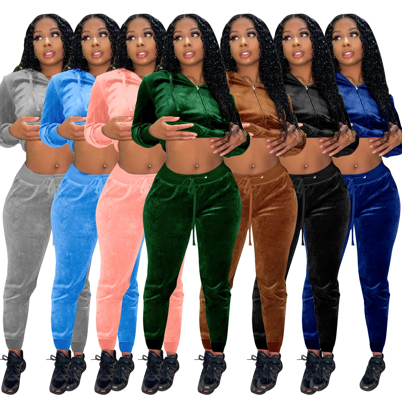 

Custom Loungewear Womens 2 Piece Outfits Set Casual Outerwear Sweatsuits Zip up Hoodie Casual Jogger Tracksuit Set with Pockets, Shown