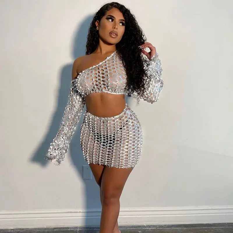 

Wholesale Women's Sexy Skirt 2 Piece Set Hollow Out Boho Outfits Off Shoulder Two Piece Set Women Stylish Club Dresses