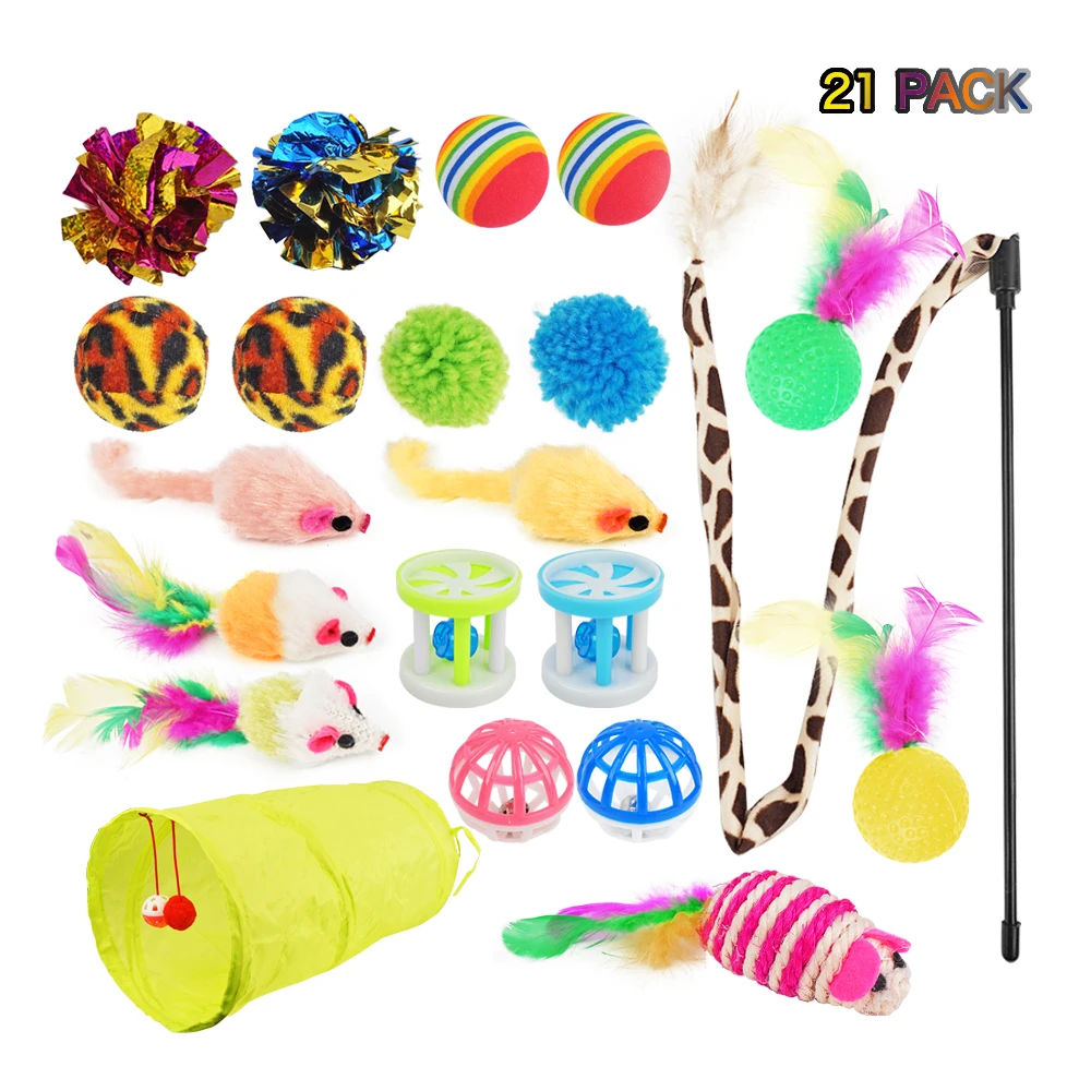 

21Pcs Cats Toys Assorted, Cat Tunnel Catnip Fish Feather Teaser Wand Fish Fluffy Mouse Mice Balls, Picture