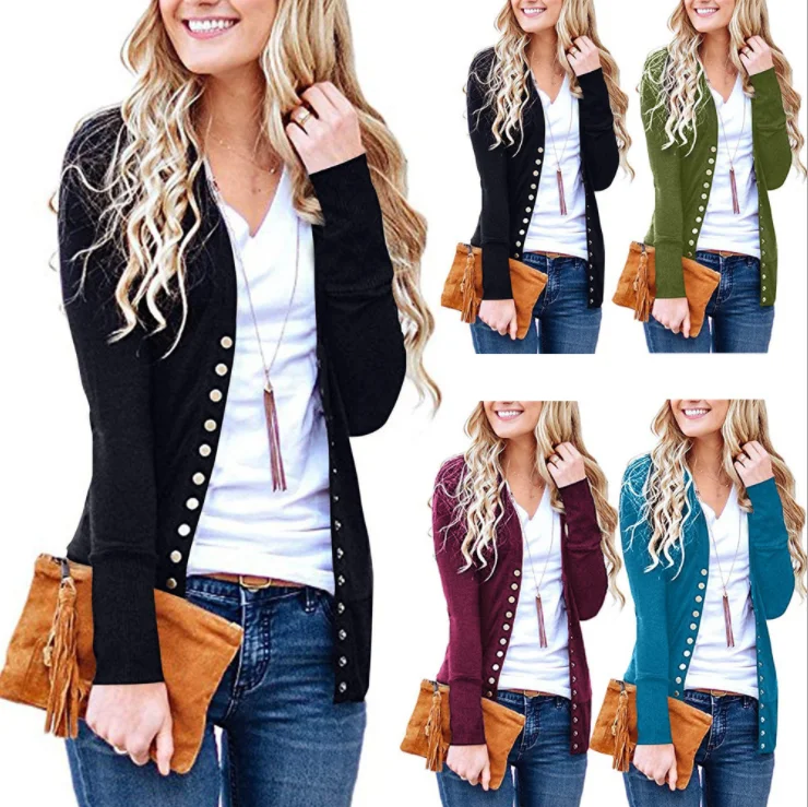 

2021 Spring Women's Long Sleeve Snap Button Down Solid Knit Ribbed Neckline Cardigans