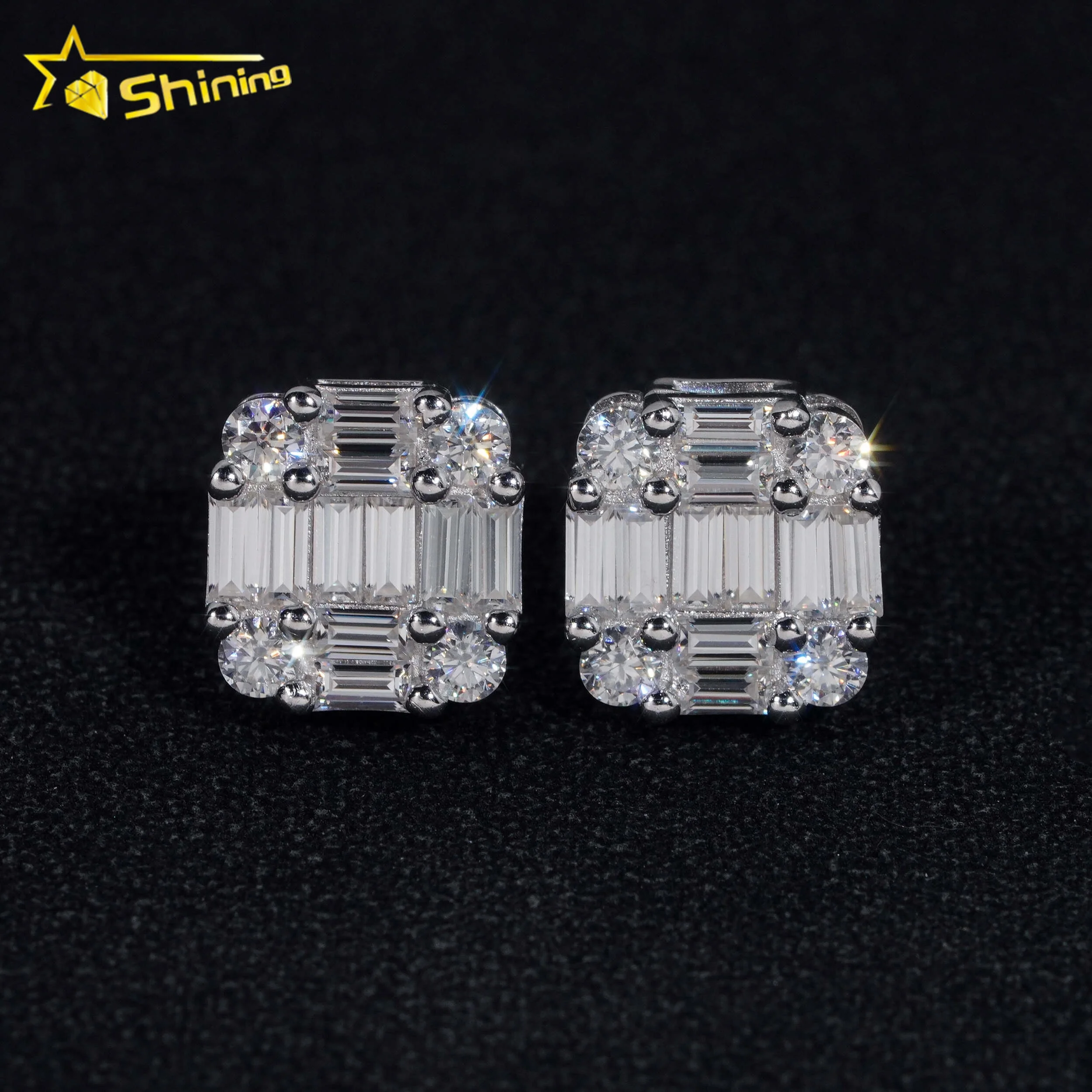 New Arrival Hip Hop Design Baguette Diamond VVS Iced Out Moissanite Stud Earrings for Men