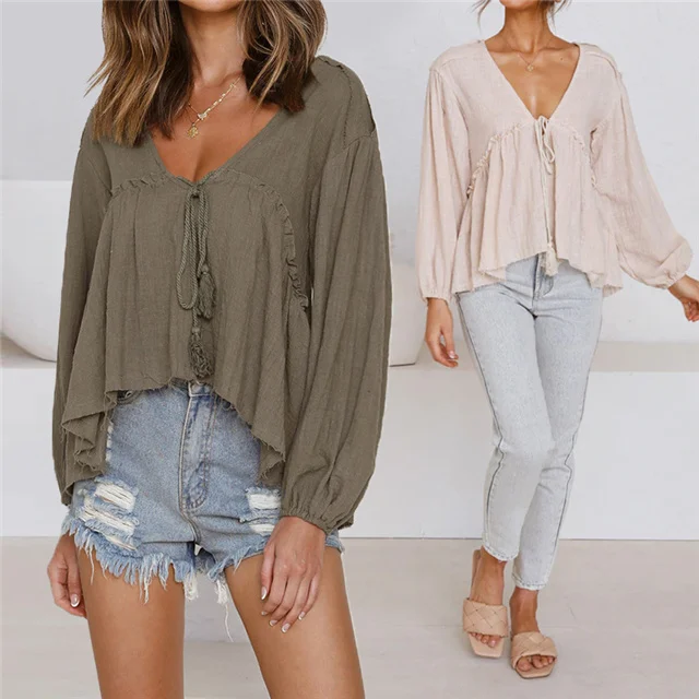 

2021 hot sale spring and autumn sexy solid color V-neck long-sleeved loose blouse, Picture color