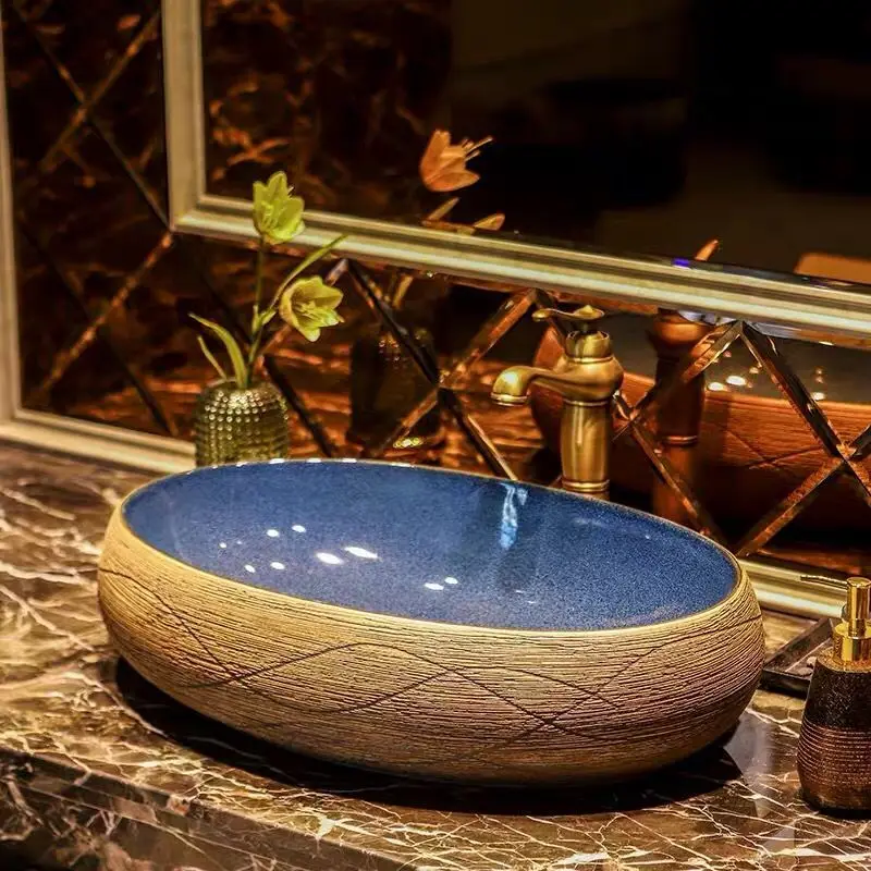 Oval shape blue color jingdezhen ceramic art wash basin
