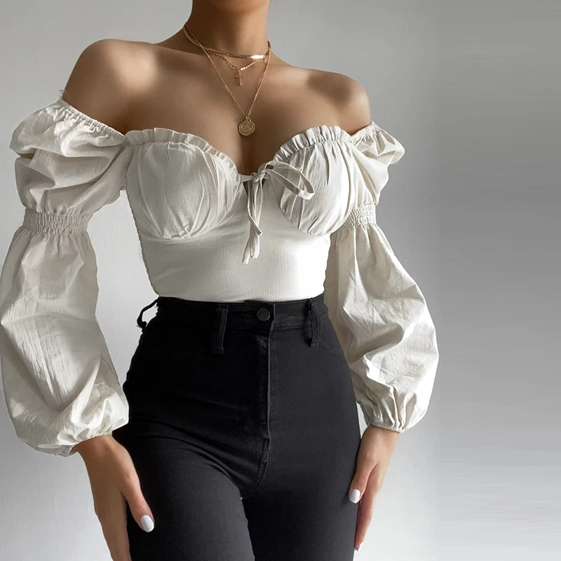 

elegant ruffle square collar lace-up crop top summer long lantern sleeve women's blouses, White
