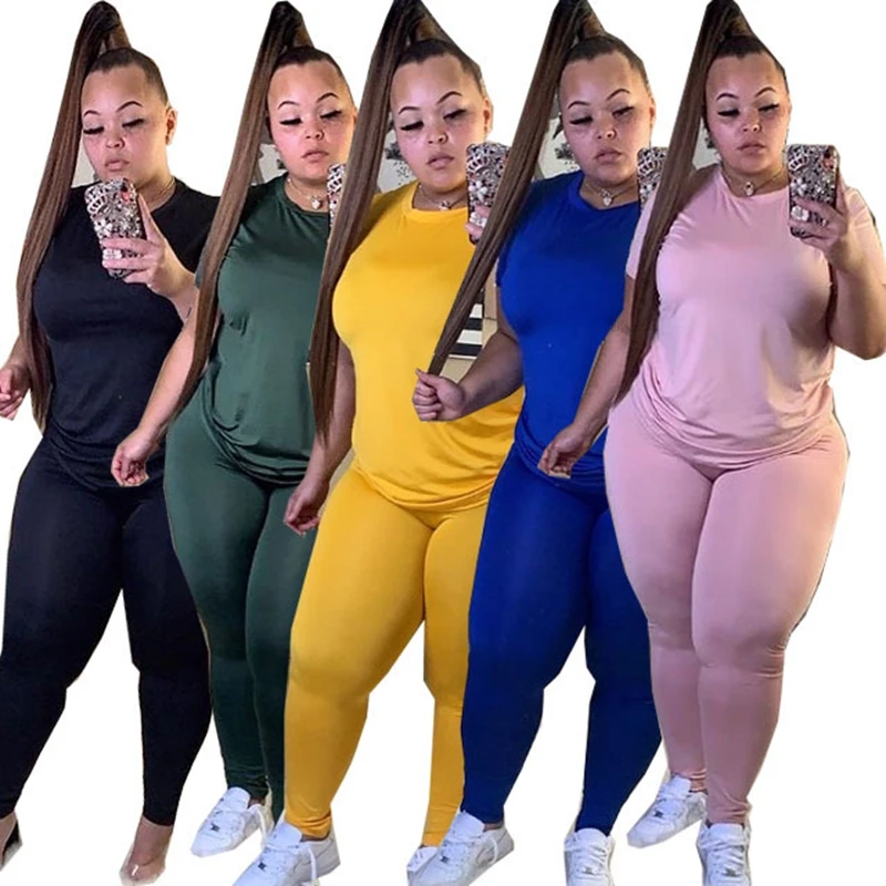 

Sweatsuit Women Set Plus Size Women Clothing Short Sleeve Tops Skinny Pant Two Piece Tracksuit Fall Casual 2 Piece Set, Black, pink, green, yellow, blue