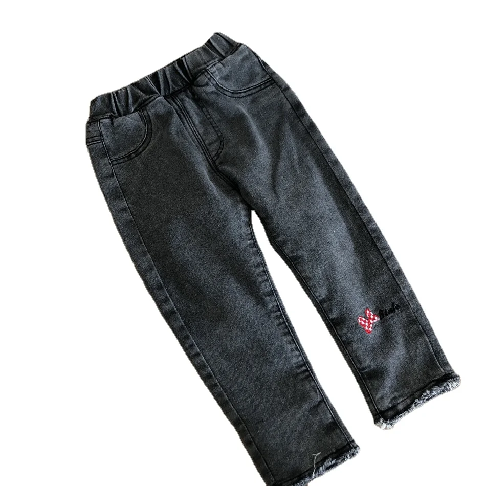 

Girl's winter new Korean embroidered bow jeans baby girl plus fleece peep toe long pants kids trousers for wholesale, As pic shows, we can according to your request also