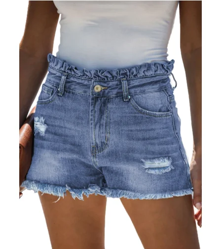 

Wholesale Custom Women High Rise Ruffle Waist Jean Shorts Online