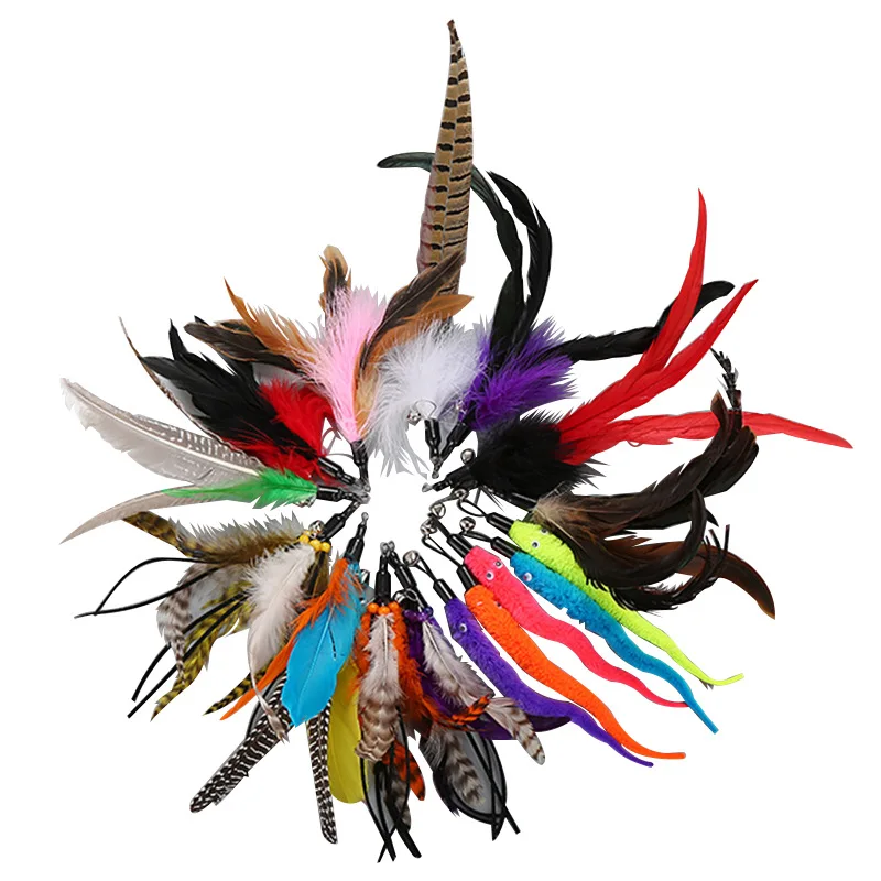 

Cat Teaser Replacement Feathers with Bell Interactive Kitten Toy Wand Refills Cat Feather Toy
