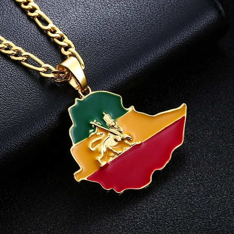 

High quality Wholesale Promotional Gift Gold Lion Ethiopia Empire Map Necklace Dripping Oil Map Of Ethiopia Pendant Necklace, Silver,gold
