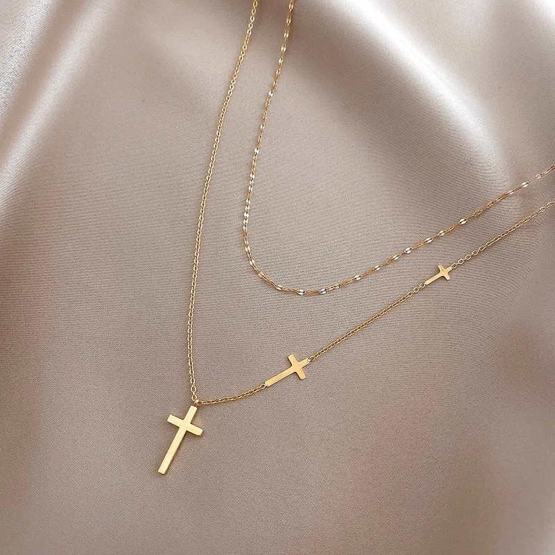 

Wholesale 18k Gold Plated Stainless Steel double cross cross pendant necklace collarbone chain women's fashion jewelry