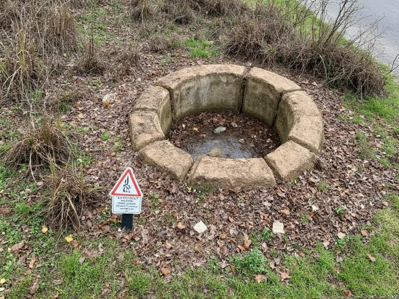 Warning sign near collapsed homemade septic tank