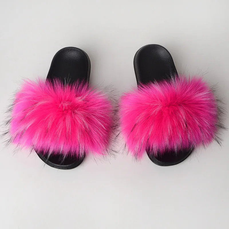 

Wholesale winter womens fluffy fake fur slipper faux raccoon fur slides wholesale fluffy, Customized color