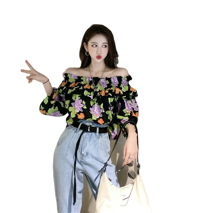 

Loose Off Shoulder Blouses Summer Style Korean Clothes Women's Clothing Shirts Slash Neck Crop Top Floral Fashion Brand New