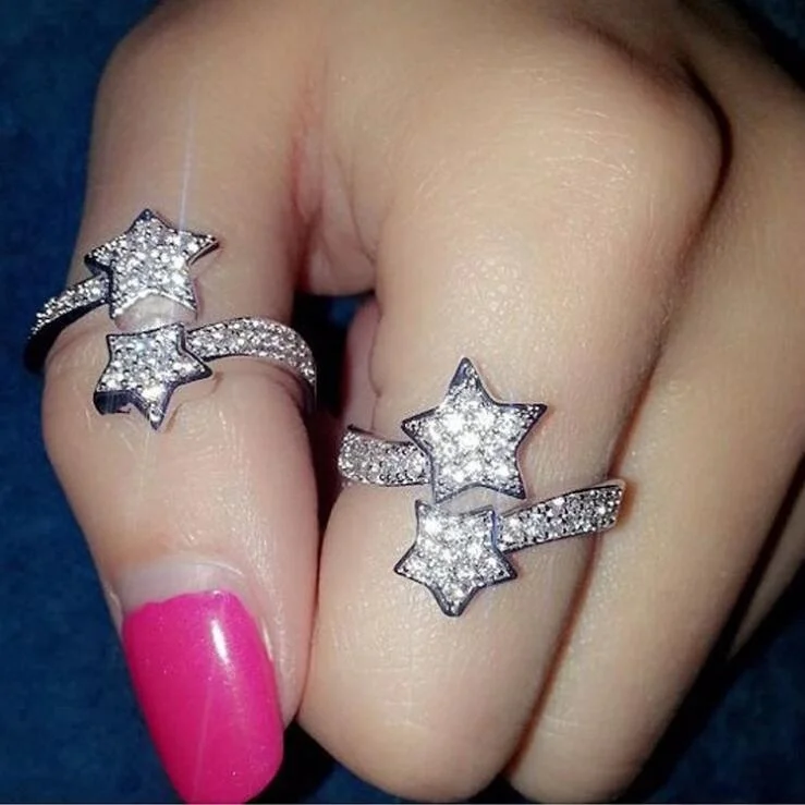 

Romantic Style Open Ring For Women Two Little Stars Micro Cubic Zirconia 3 Color Adjustable Party Gift Fashion Jewelry