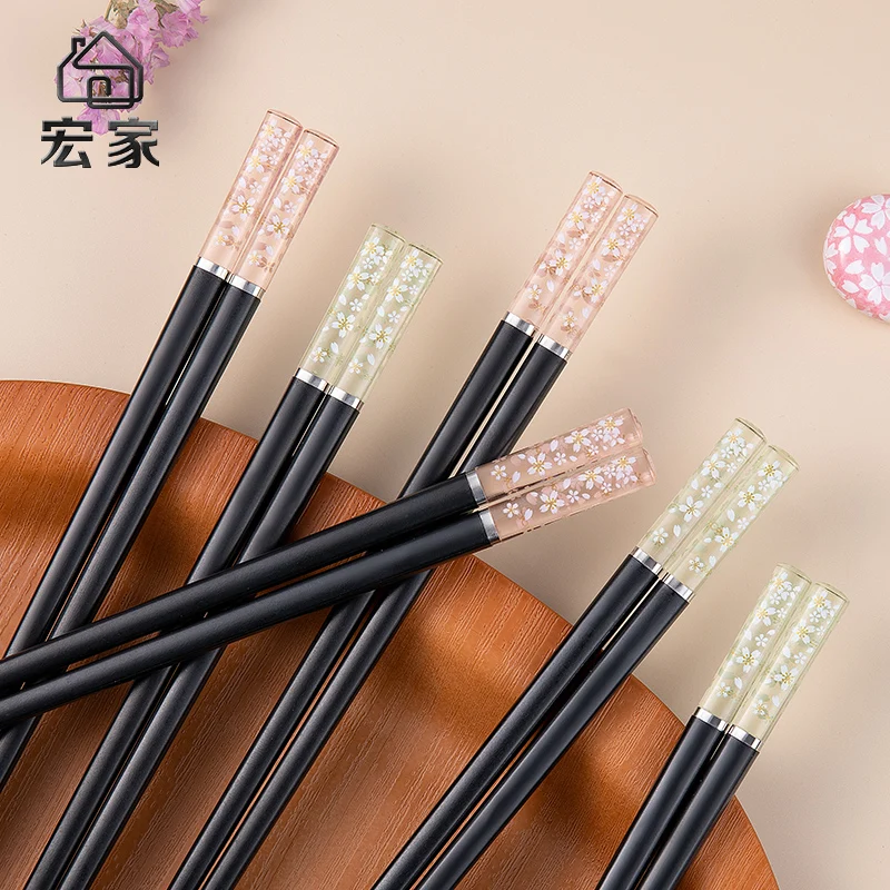 

Japanese style Cherry blossoms printed hotel decorative gift reusable fiberglass balck alloy chopsticks
