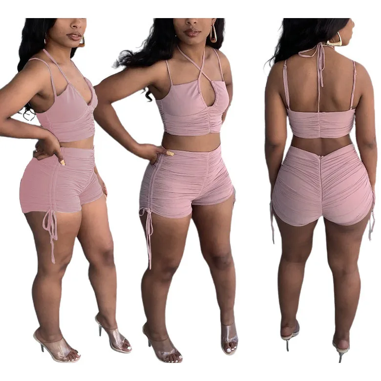 

FS4479D Women Two Piece Set bandage Tops and Drawstring Shorts Matching Suits