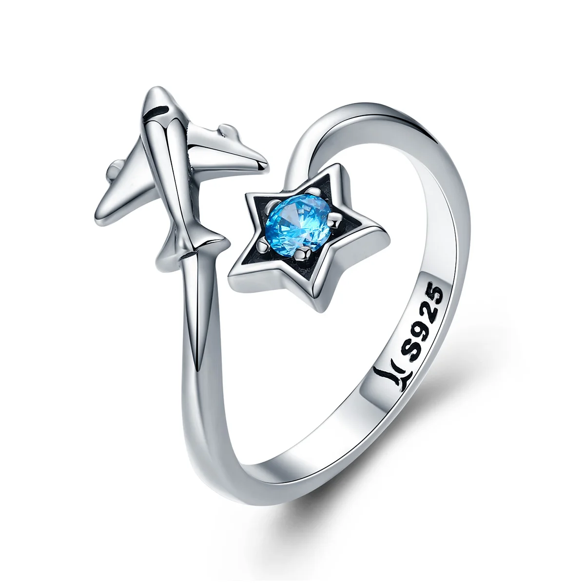 

Fashion women ring jewelry airplane adjustable silver blue pentagram cz stone ring