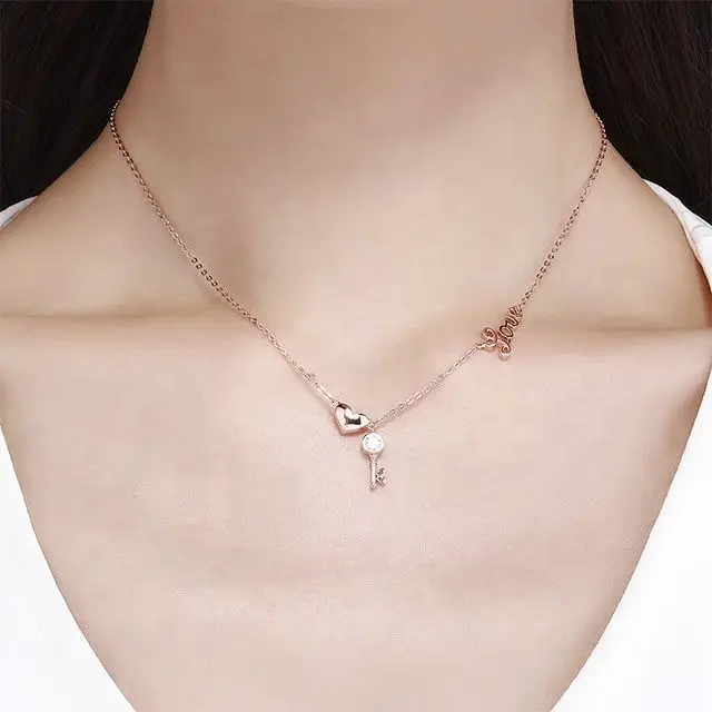 

Simple Fashion 925 Sterling Silver Plating Rose Gold Heart Pendant Love Alphabet Key Necklace