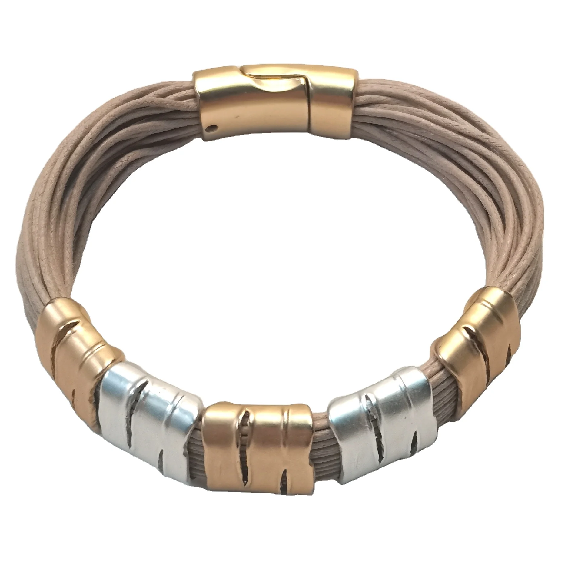 

Good Quality Handwork Multi-Strand Cuff Bracelet Taupe Wax Cord Magnet Lock Bracelets Gift