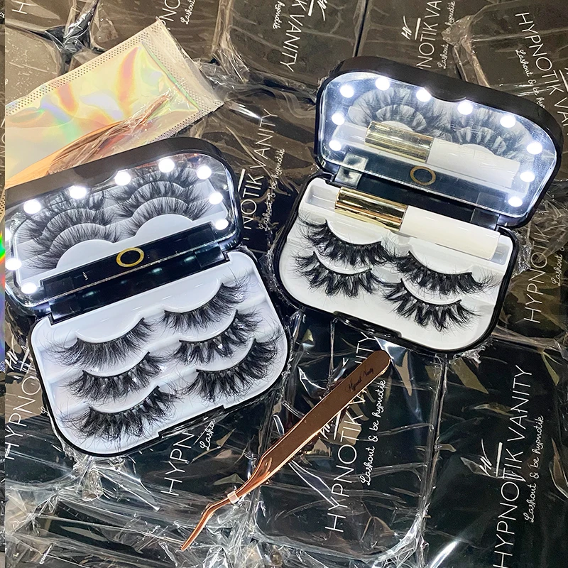 

Wholesale thick full strip lashes custom led lash packaging box fluffy 3d mink eyelash case with mirror and light
