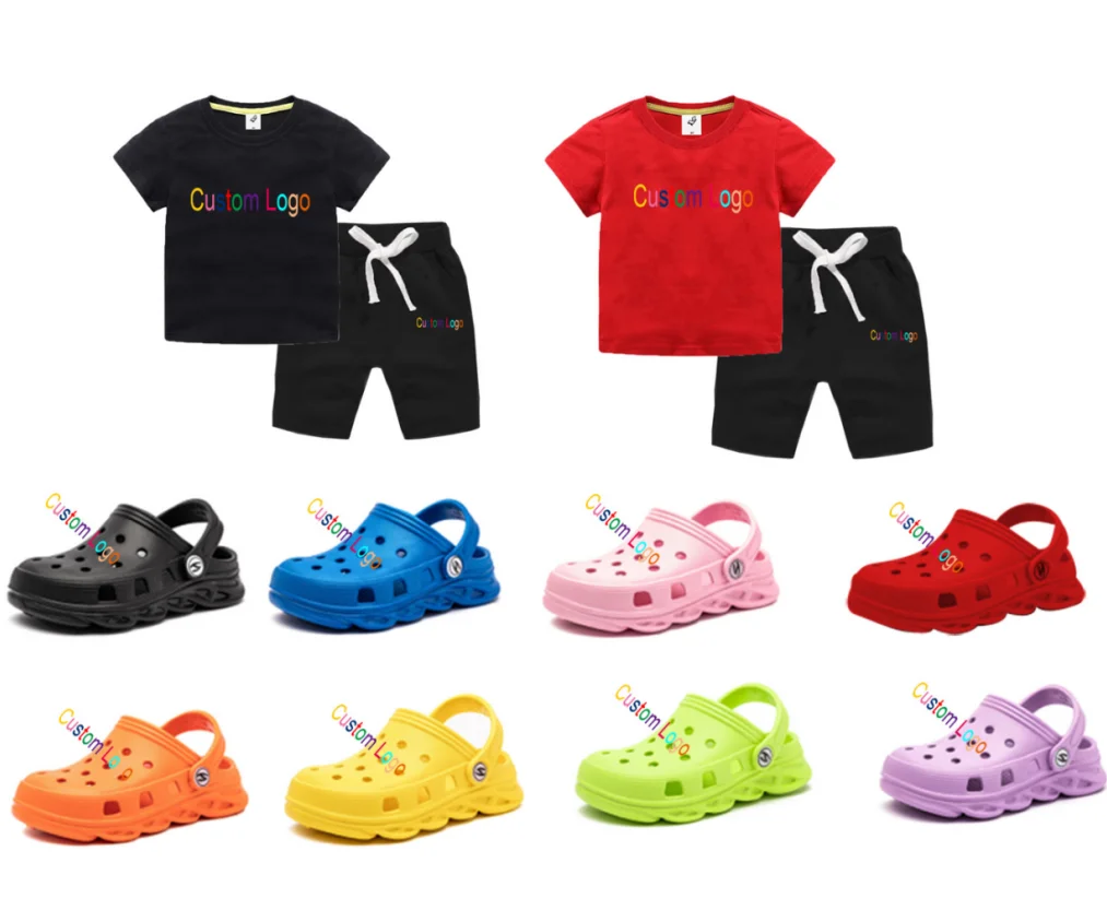 

2021 Children Custom Cartoon Clothing Summer Black Red Boy Girls Clothes 2pcs Set Outfits Matched Sandals Slides Slippers Shoes, 1-13