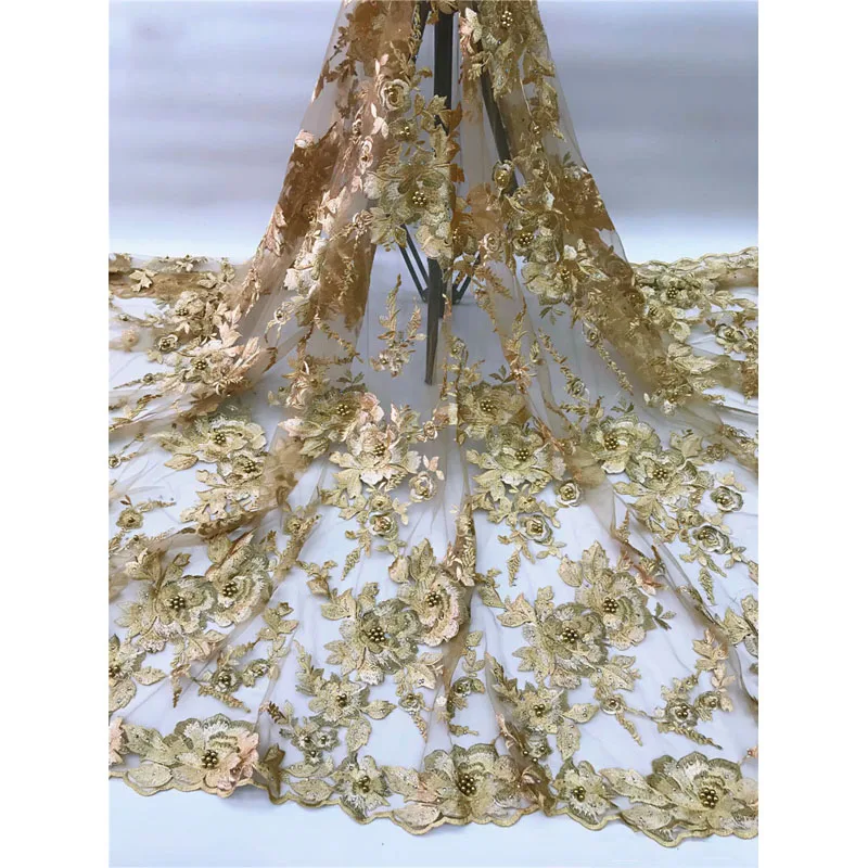 

Beautifical High quality tulle fabric beaded lace with rhinestones gold french lace african net lace fabric ML3N238, Can be customized