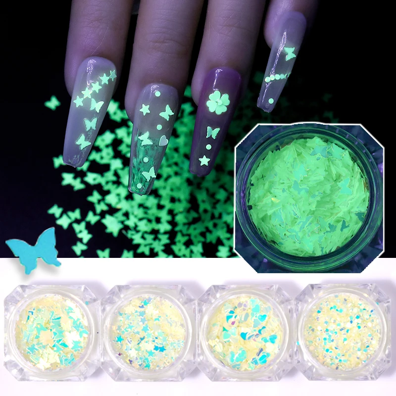 

Fluorescent Luminous Nail Colorful Sequins Butterfly Heart Star Round Ultra-thin Nail Glitter Flakes Glitters Glow in the Dark