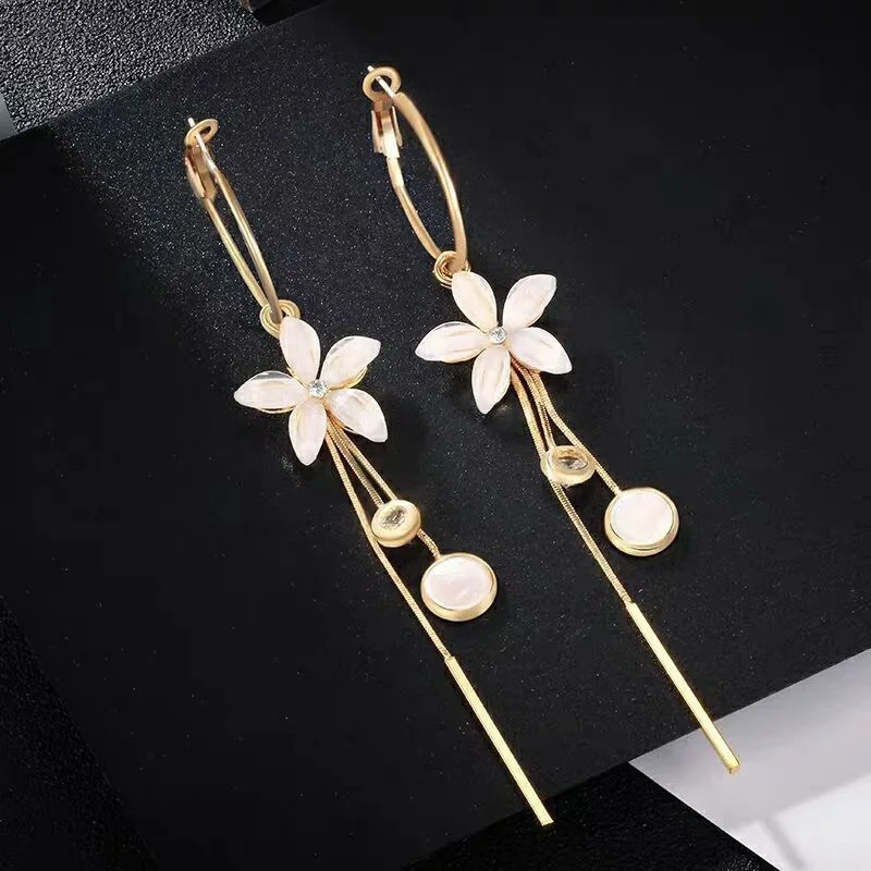 Retro Fashion Long Pearl Pendant Earrings Temperament Tassel S925 Silver Needle Flower Earrings For Women