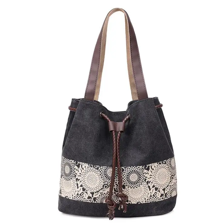 

Wholesale Vintage Large Capacity Women Big Size Handbag Tote Ladies Casual Flower Printing Canvas Shoulder Bag