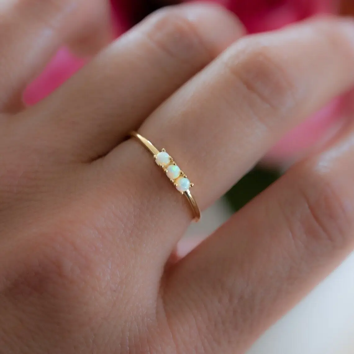 

HIGH QUALITY 18k gold plated thin band delicate minimal white fire opal three stone gold ring