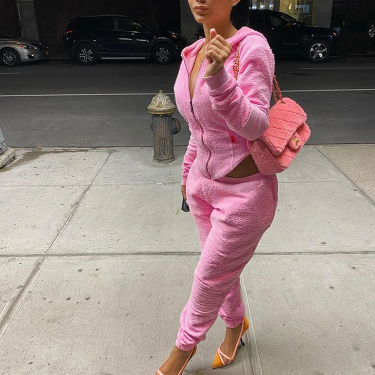 

Fall Winter Clothes Cashmere Ladies Solid Zipper Crop Tops Long Sleeve Hoodie Fleece Tracksuit Women Two Piece Jogger Pants Sets, Pink,red,black