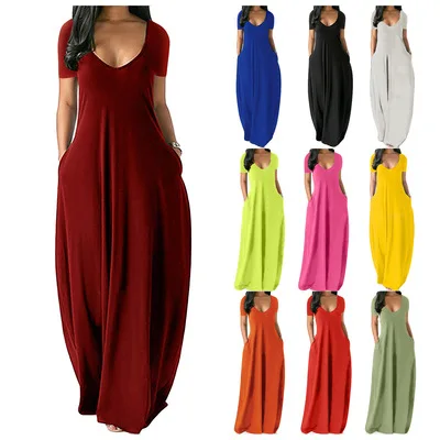 

2021 Amazon Hot Selling Plus Size Women V Neck Suspender Strap Loose Pockets Ladies Long Dress Women Fashion Casual Maxi Dresses