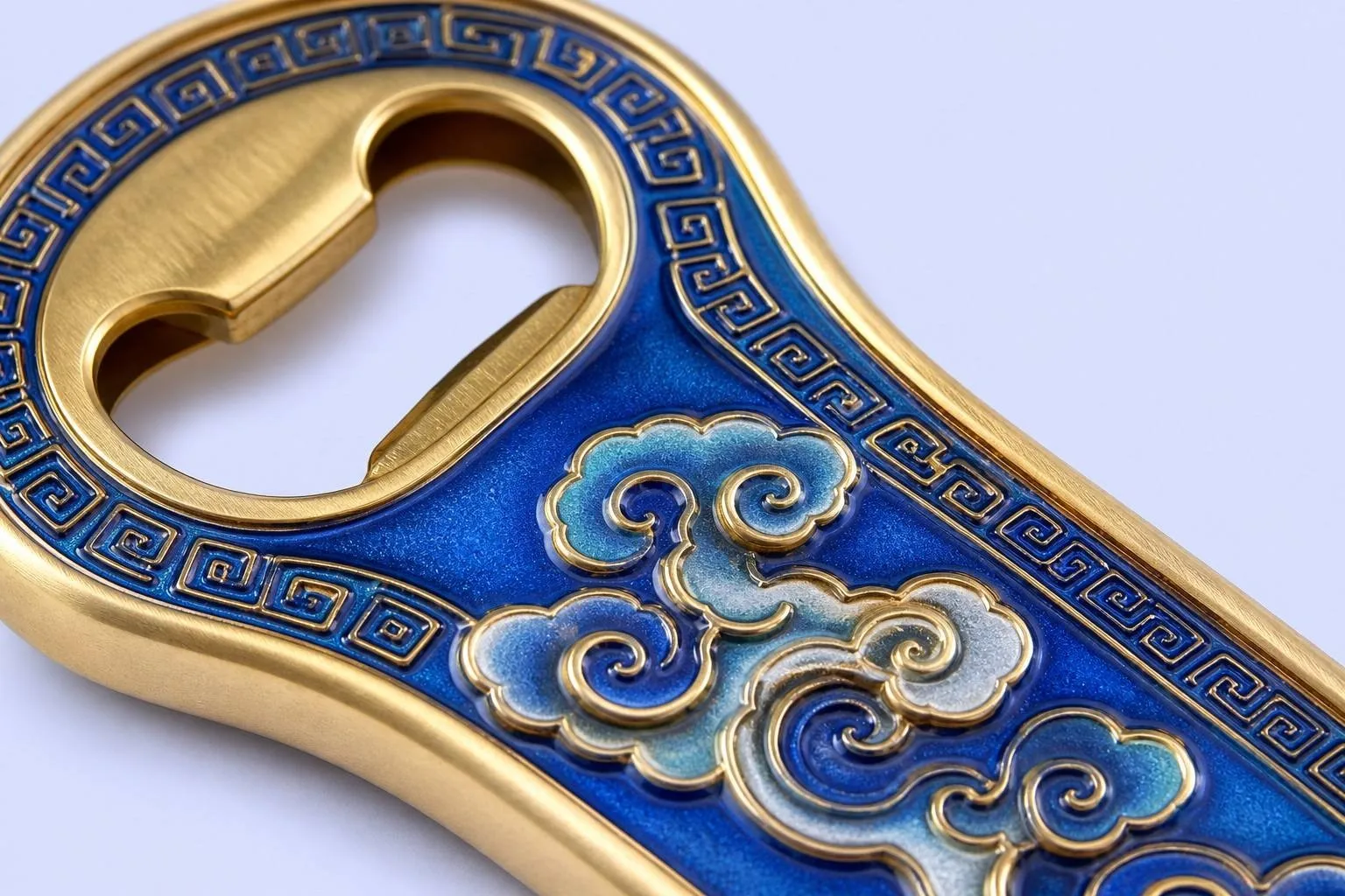 Royal blue cloud bottle opener with meander border