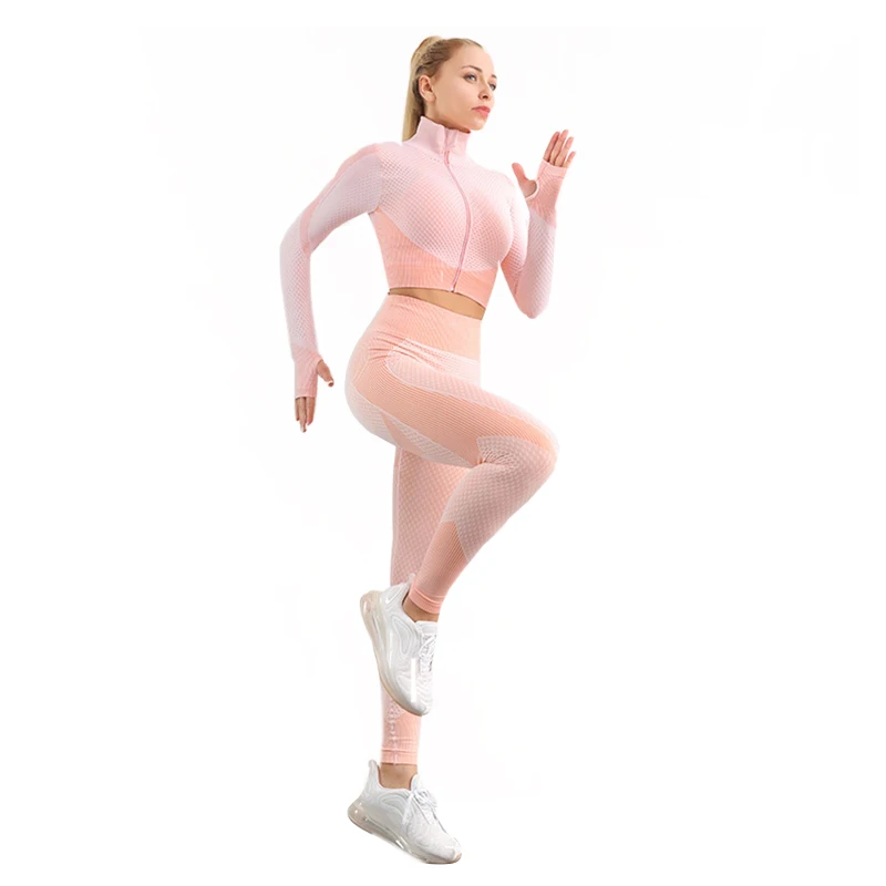 

Sexy Long Sleeve 2 Piece Active Sports Wear Plus Size Fitness Activewear Seamless Gym Workout Yoga Sets For Women, Picture color