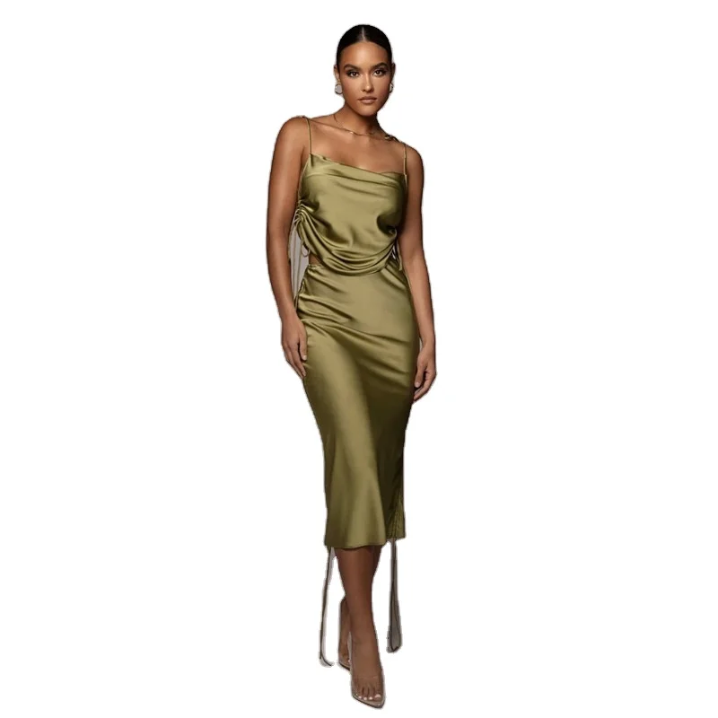 

Summer Solid Tank Dress Satin Maxi Dress 2 Piece Set Two Piece Skirt Set Women Sexy Breathable Casual Dresses