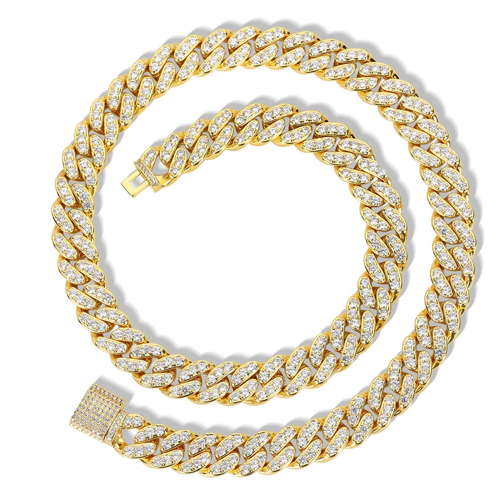 

New hip-hop accessories 12mm single row full diamond Cuban chain 18K gold micro-zircon men's necklace