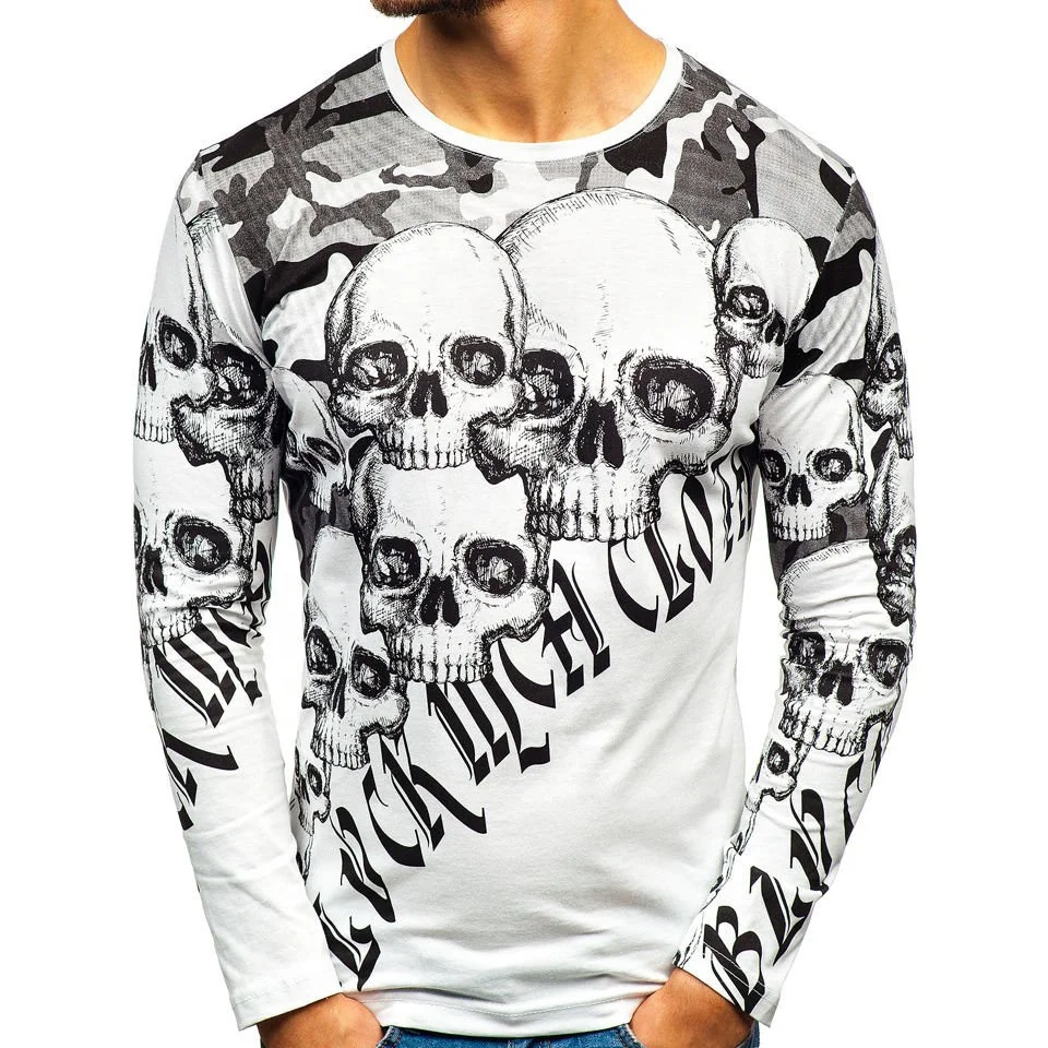 

ASSUN Cross-border European code new men's fashion skull print long-sleeved T-shirt AliExpress trend round neck bottoming shirt