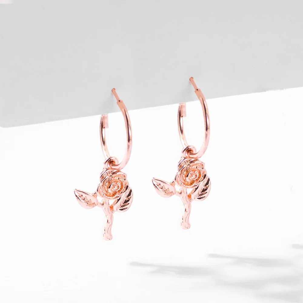 

Fashion Exquisite Rose Gold Plating 3D Flower Drop Earrings Silver Color Metal Rose Flowers Pendant Earring, Picture shows/custom color