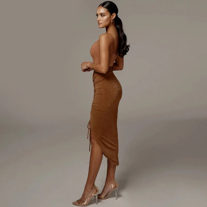 

Hot selling fashionable skirt women elegant solid color bodycon slim drawstring summer dresses factory wholesale dresses women